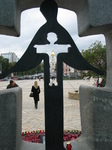 28226 Saint Sophia Cathedral through famine memorial at St. Michael's Golden-Domed Monastery in Kiev.jpg